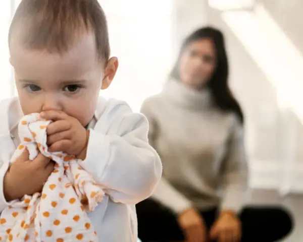 Kleines Baby hält sich an einem Tuch fest, wirkt schüchtern. Im Hintergrund sitzt eine unscharfe Frau.