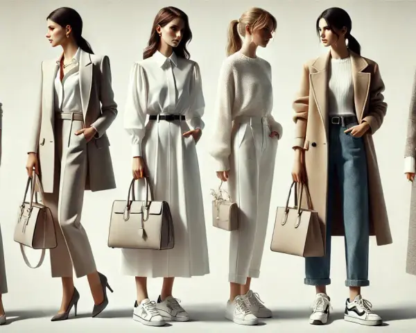 Sześć kobiet prezentuje stylizacje smart casual: od eleganckich garniturów po płaszcze i spodnie.