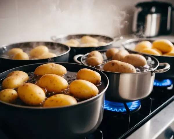 Flera kastruller med potatis som får koka på spisen. Ånga stiger upp från det bubblande vattnet.