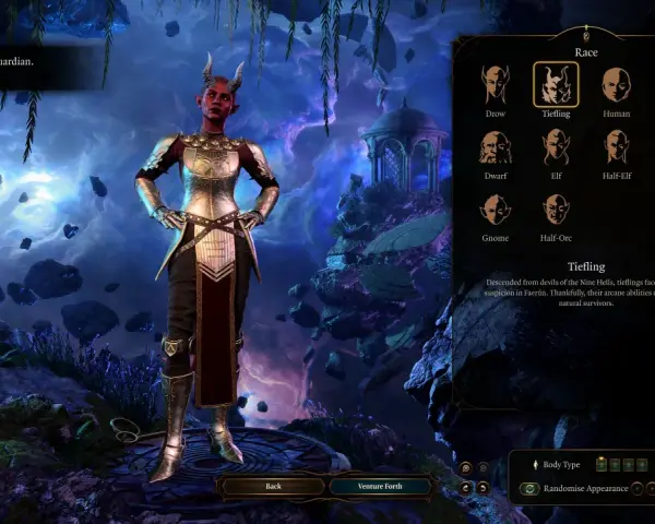 Creación de personajes de Baldur's Gate 3: una mujer Tiefling con armadura dorada y cuernos, lista para la aventura.