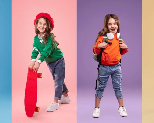 Cztery dziewczynki w modnych stylizacjach. Jedna w żółtym sweterku, druga z deskorolką, trzecia z plecakiem, czwarta w futrzanej kurtce. Rozmiar 80 jaki wiek?