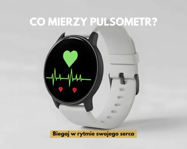 Biały smartwatch z ekranem pokazującym zielone serce i wykres EKG. To idealny test conconiego dla biegaczy.