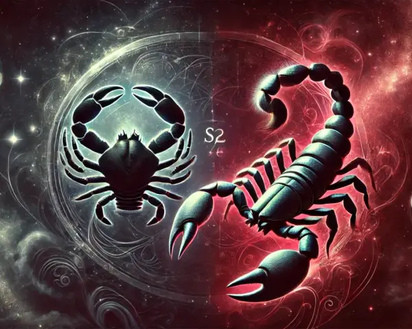 Skorpion i rak w łóżku. Dwa znaki zodiaku, Rak i Skorpion, w kosmicznej scenerii, symbolizują ich intymną relację.