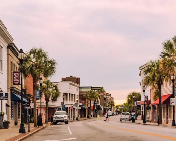 A charming street scene in Beaufort, SC, with palm trees lining the sidewalks and historic buildings. Perfect for exploring all the things to do in Beaufort, SC.