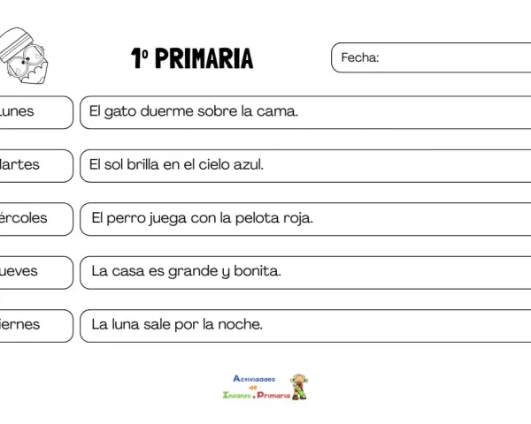 Hoja de dictado 1 primaria con frases sencillas para practicar la escritura.