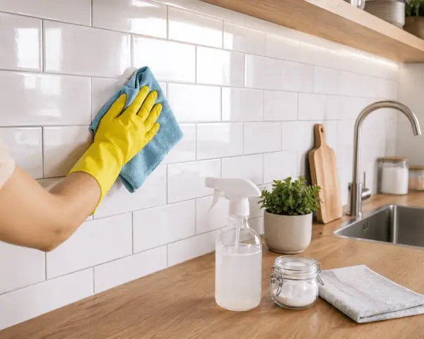 Mano con guante amarillo limpiando azulejos blancos de cocina con paño azul. Spray, planta y bicarbonato cerca del fregadero.