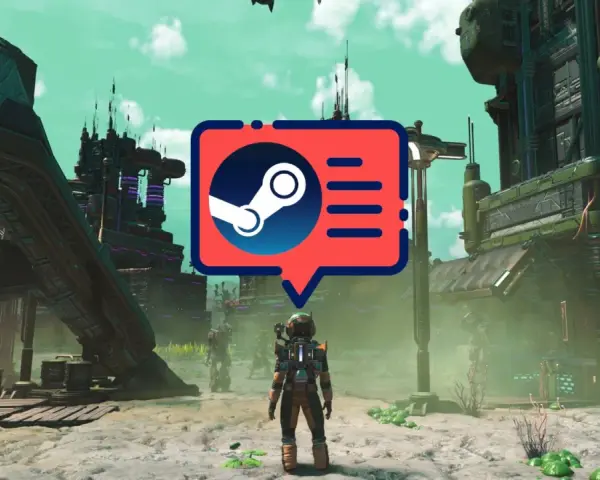 Astronauta frente a edificios futuristas, con un icono de Steam. Ideal para análisis juegos PC.