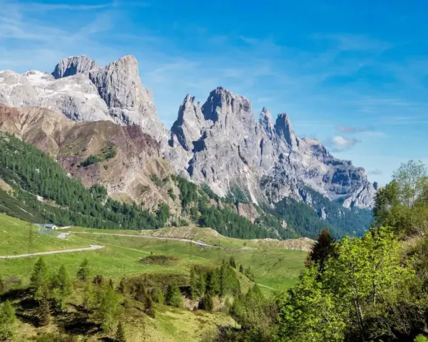 Panorami mozzafiato al Passo Rolle, con imponenti vette rocciose che si stagliano contro il cielo azzurro. L'altitudine regala un'aria pura e una vista indimenticabile.