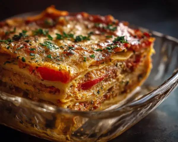 En saftig vegetarisk lasagne med lager av pasta, tomatsås och ost, toppad med färska örter.