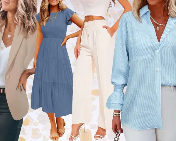 Estilos para un código de vestimenta business casual: blazer beige, vestido azul, pantalones crema y camisa a rayas celestes.