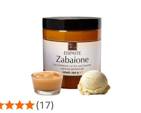 Eis-Perfecto Zabaione Eis Paste für cremigen Eisgenuss. Daneben eine Kugel Vanilleeis und eine Schale der Paste.