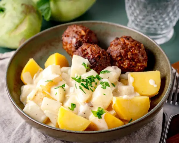 Klassische Kohlrabi-Rezepte: Kohlrabi in cremiger Sauce mit Kartoffeln und Frikadellen, garniert mit Petersilie.