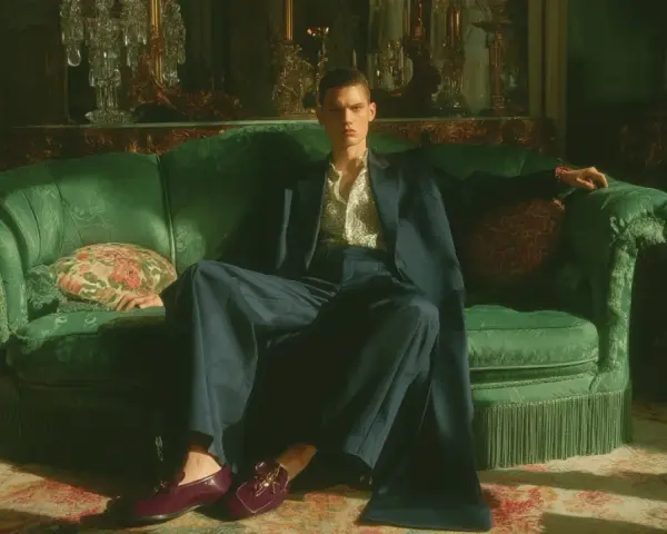 Giovane uomo con abito blu e camicia fantasia, seduto su un divano verde smeraldo, indossa un elegante abito con mocassino bordeaux.