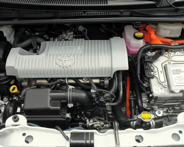 Silnik hybrydowy Toyoty Yaris 3 z napisem "HYBRID SYNERGY DRIVE".