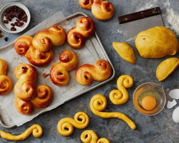 En bricka med gyllene, nybakade lussekatterna, redo att avnjutas. Bredvid ligger ingredienser som russin, deg och ett ägg. Dessa är de godaste lussekatterna!
