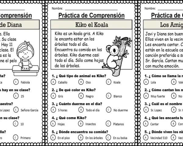 Hojas de árboles, koalas y canciones: tres lecturas cortas para practicar la comprensión.