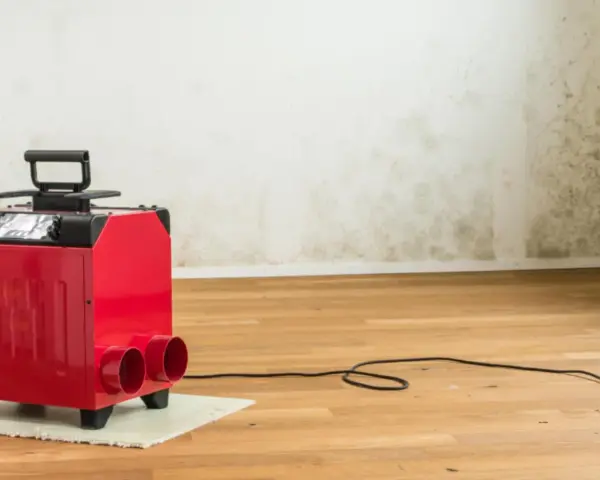 Roter Bautrockner im Einsatz gegen Wasserschaden. Die Wand zeigt deutliche Spuren von Feuchtigkeit und Schimmel.