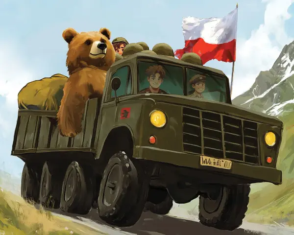 Dziadek i niedźwiadek w wojskowej ciężarówce z polską flagą, jadą przez góry.