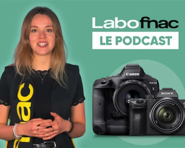 Une femme souriante, un logo "Labo Fnac" et deux appareils photo : un Canon EOS-1D X et un Sony Alpha 7s.