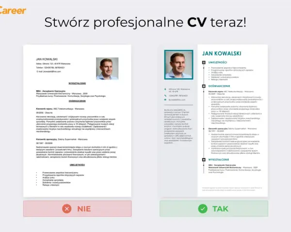 Przykładowe CV Jana Kowalskiego, specjalisty ds. sprzedaży z 10-letnim doświadczeniem, z sekcjami Umiejętności, Doświadczenie i Wykształcenie.