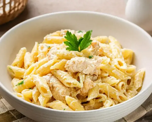 Penne maccheroni w kremowym sosie z kurczakiem, udekorowane natką pietruszki. Pyszne danie w białej misce.