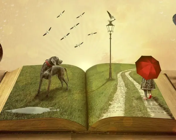Un livre ouvert se transforme en paysage : un chien, une petite fille sous un parapluie rouge, un ballon et des oiseaux s'envolent. Ces livres d'histoire invitent à l'évasion.