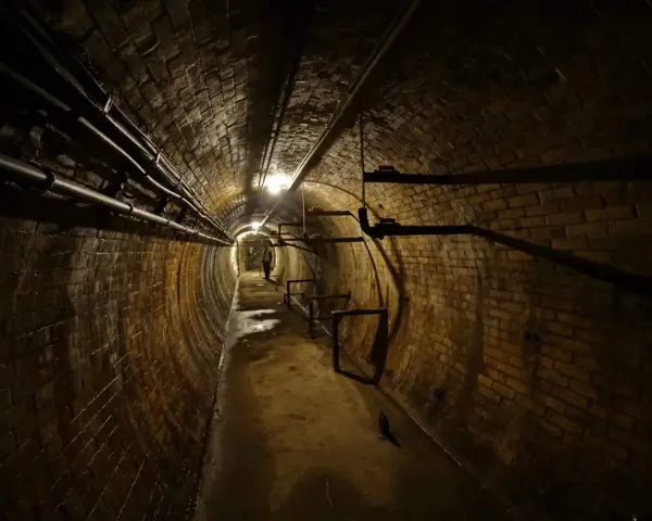 Dunkler, feuchter Ziegelgang in den Berliner Katakomben, Rohre verlaufen an der Decke, ein Lichtschein in der Ferne.