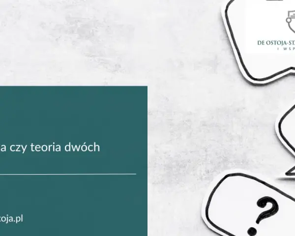 Pytanie o teorię salda czy teorię dwóch kondykcji. Logo kancelarii i dymki z pytajnikami.