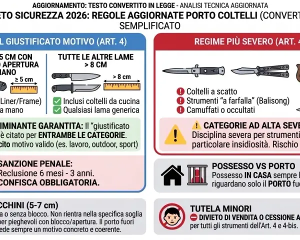 Schema semplificato del porto di coltelli secondo l'art. 4 e 4-bis del nuovo decreto sicurezza.