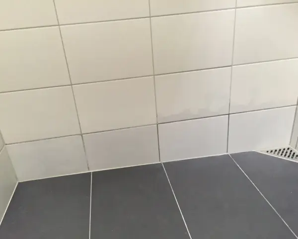 Fuktskada kakel i duschen. Mörka fläckar syns på de ljusa väggplattorna, ett tecken på fuktproblem.