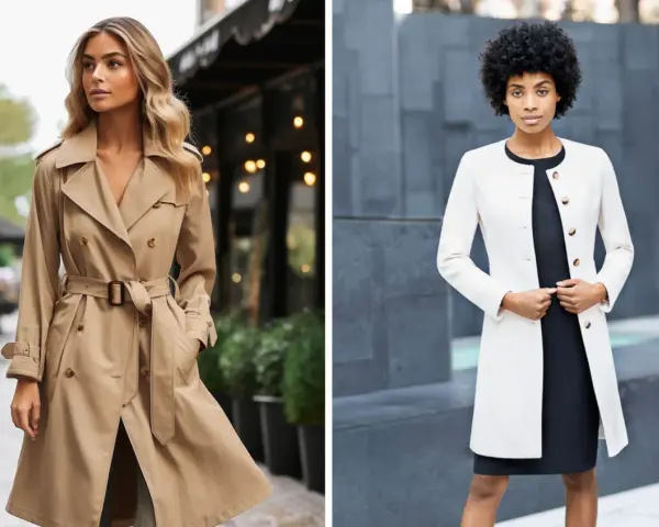 Donna con trench beige, ideale per ogni occasione. Accanto, un'altra donna con cappotto bianco elegante.