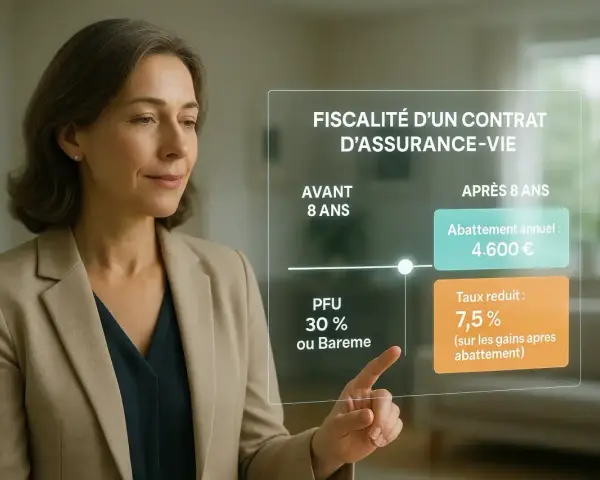 Une femme examine un écran affichant la fiscalité d'un contrat d'assurance-vie, avec des détails sur les abattements et taux réduits.