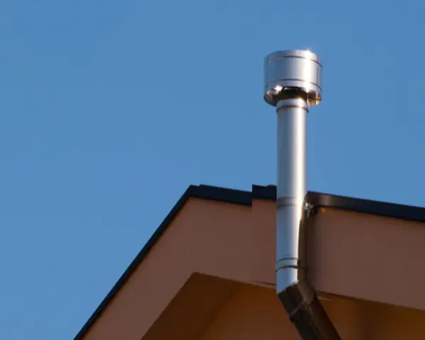 Scarico scaldabagno a gas in facciata, un tubo metallico lucido che sale verso il cielo azzurro, fissato al muro di un edificio.