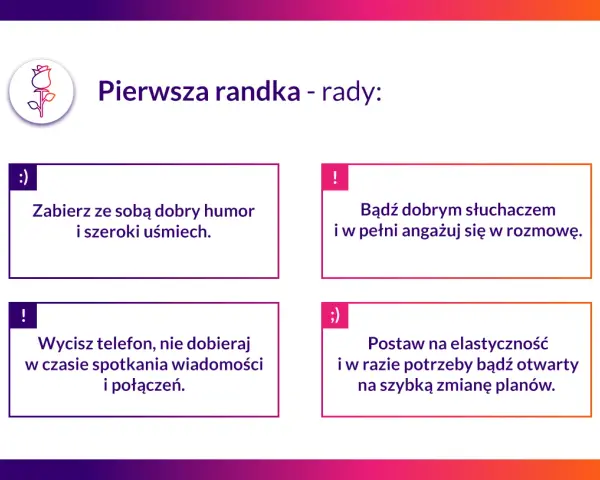 Pierwsza randka - rady dla pań: dobry humor, słuchaj, wycisz telefon, bądź elastyczna.