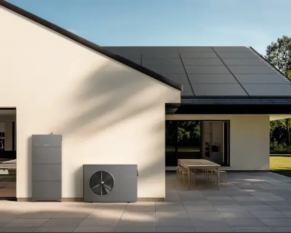 Modernes Haus mit Solaranlage auf dem Dach und Wärmepumpe. Ein Energiekonzept, das u wert optimiert und die Umwelt schont.
