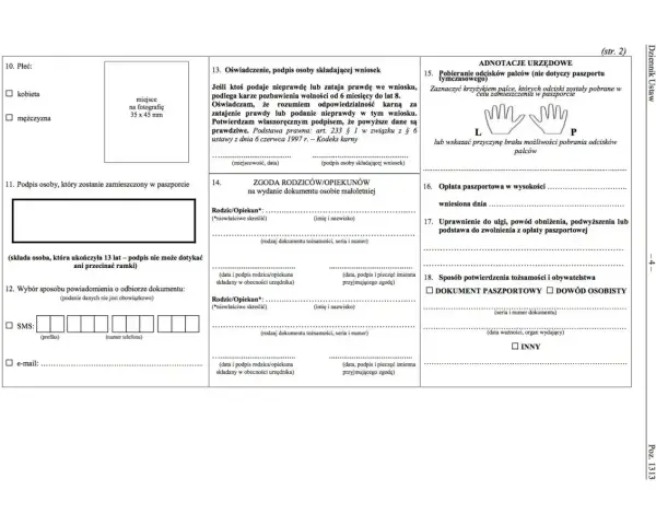 Formularz wniosku o paszport: sekcje dotyczące płci, podpisu, zgody rodziców, opłat i sposobu potwierdzenia tożsamości.