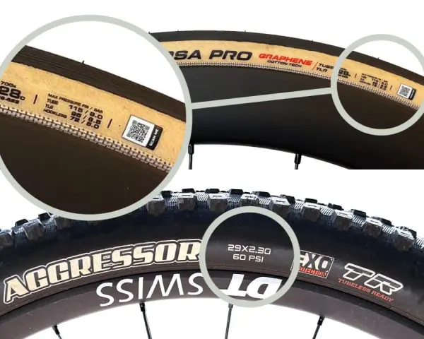 Two bike tires shown. The top is a road tire with a tan sidewall, the bottom is a knobby mountain bike tire. The mountain bike tire shows "60 PSI" as a recommended pressure, answering what psi should mountain bike tires be.