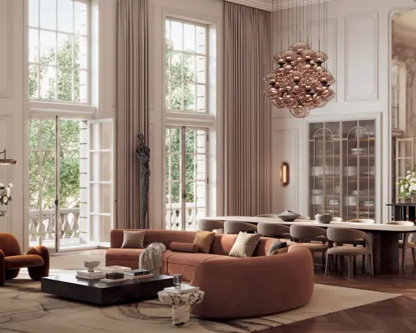 Eleganckie wnętrze z sofą w stylu "quiet luxury", odzwierciedlające najważniejsze trendy w estetyce na wesela i gale 2026.