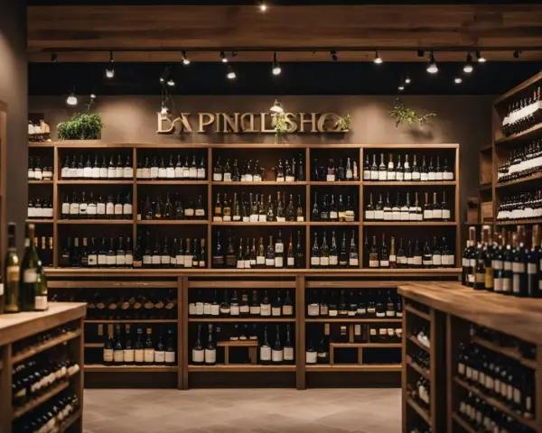 Estanterías repletas de botellas en un elegante restaurante de vinos.