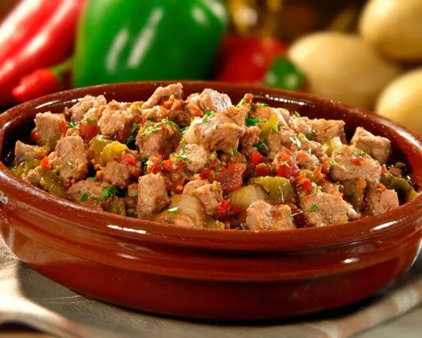 Un plat d'axoa de veau mijoté avec des poivrons et des oignons, garni de persil frais.