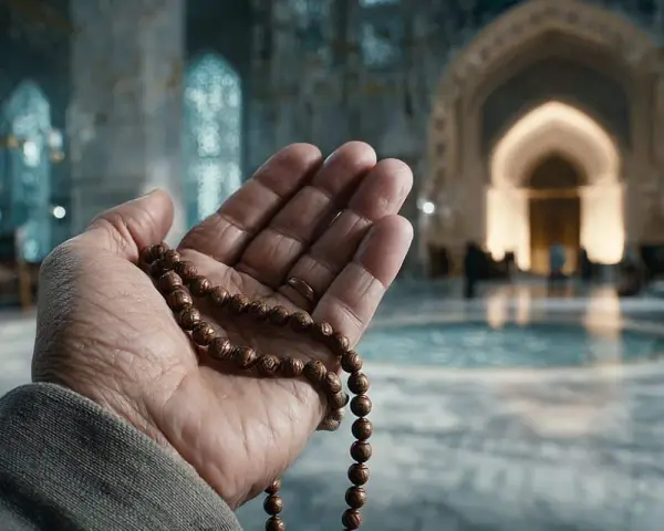 Eine Hand hält eine Gebetskette, ein Symbol des christlichen Glaubensbekenntnisses, vor einer Moschee.