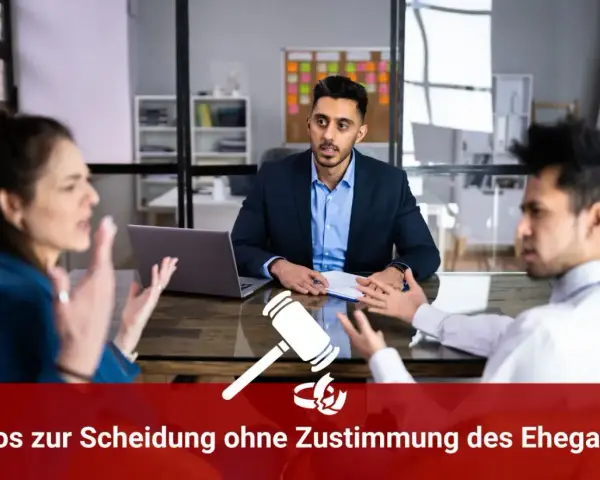 Streitendes Paar vor Anwalt. Kann man sich scheiden lassen wenn der Partner nicht will? Hier Infos zur Scheidung ohne Zustimmung des Ehegatten.