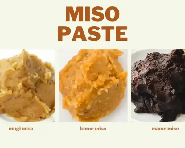 Trzy rodzaje japońskiej pasty z soi: mugi, kome i mame miso, różniące się kolorem i teksturą.