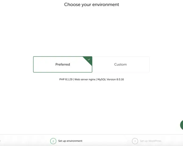 Étape 2 : Choix de l'environnement pour l'installation WordPress. Option "Preferred" sélectionnée.