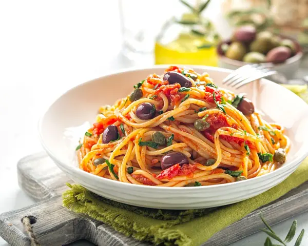Un piatto invitante di spaghetti alla puttanesca, con olive nere, capperi e pomodoro, pronto per essere gustato.