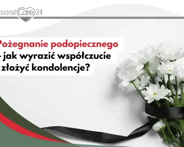 Białe kwiaty z czarną wstęgą. Tekst pyta: "Pożegnanie podopiecznego - jak wyrazić współczucie i złożyć kondolencje?".