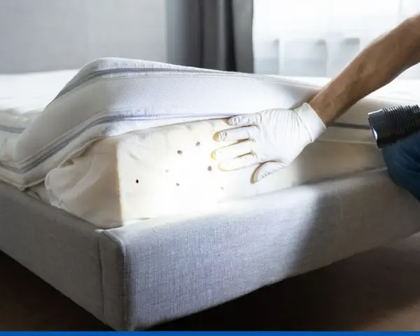 Persona con guantes revisa un colchón con linterna, detectando chinches. Esencial para el control de plagas de chinches y un hogar saludable.