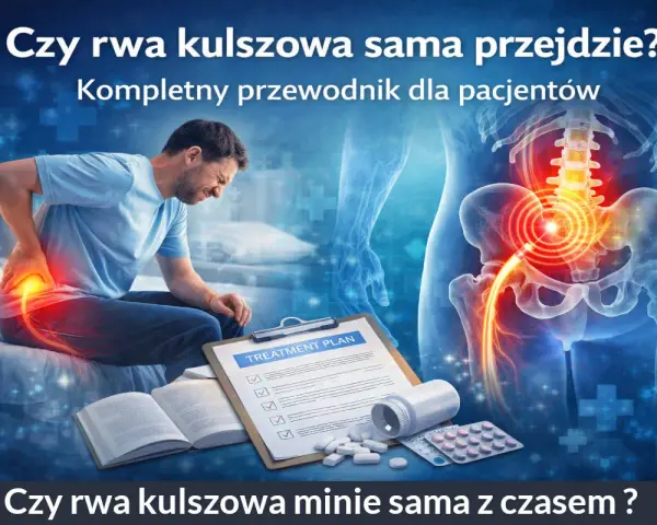 Mężczyzna z bólem w dolnej części pleców, plan leczenia, leki i schemat miednicy. Czy rwa kulszowa leczenie jest skuteczne?