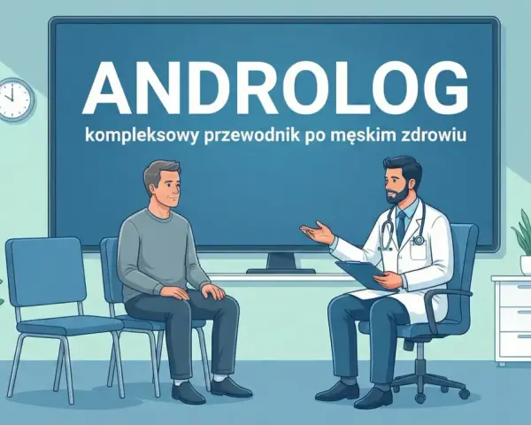 Lekarz androlog rozmawia z pacjentem w gabinecie. Na ekranie widnieje napis "ANDROLOG".