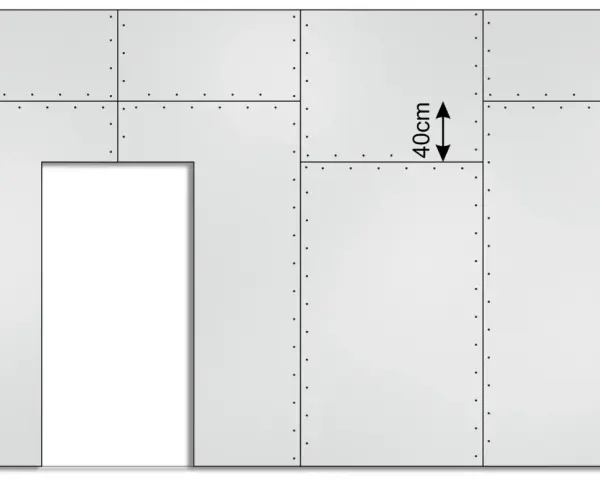 Schemat przedstawia fragment ściany z płyt gipsowo-kartonowych, z zaznaczonymi wymiarami płyty gk 40cm.
